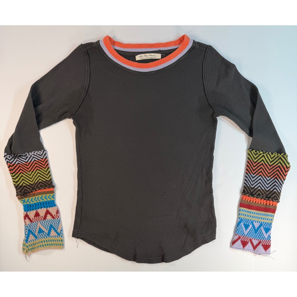 We The Free Free People Thermal Waffle Knit Top Gray Mixed Pattern Sleeves M